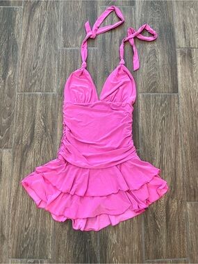 Hot Pink Ruffle Tie-Halter Mini Dress